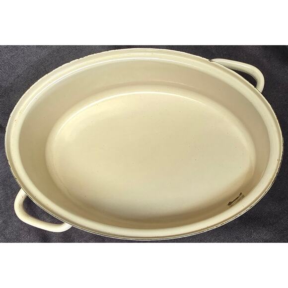 Vintage Large Tan & Brown Iron Roaster Frying Pan Roasting Pot Casserole Dish - Picture 8 of 13
